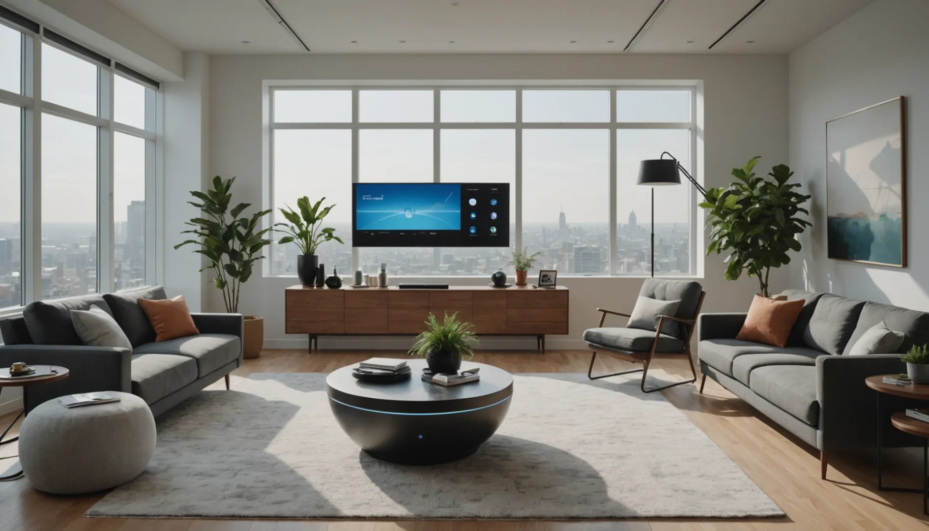 Modern living room with smart HVAC and air purification system