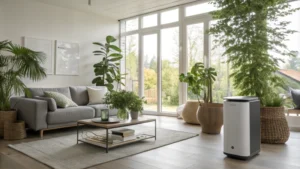 A modern living room showcasing a sleek air purifier among contemporary furniture and plants.