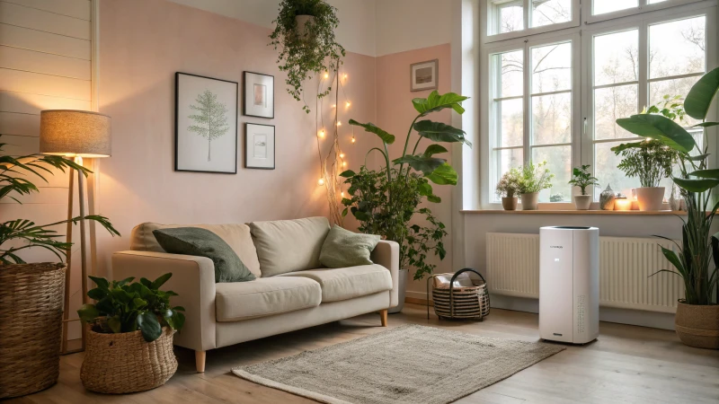 A modern living room showcasing an IKEA FÖRNUFTIG air purifier among Scandinavian-style furniture.