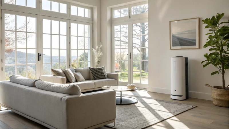 A modern living room with a sleek air purifier and minimalist decor