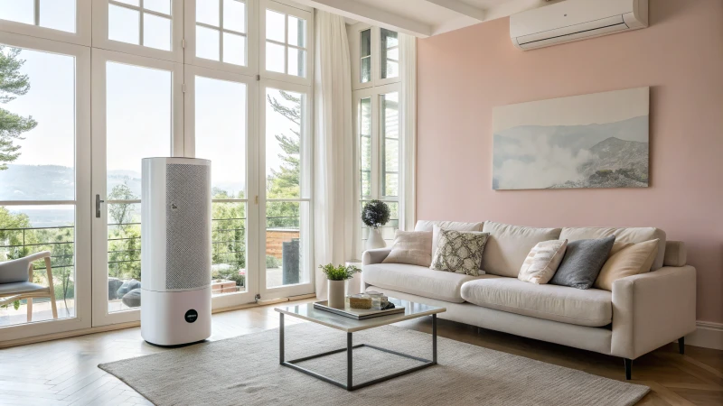 A modern living room with a wall-mounted air purifier and contemporary furnishings.