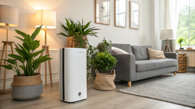 A modern living room with a wall-mounted air purifier and cozy decor.