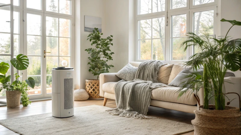 A bright modern living room featuring an air purifier and indoor plants.