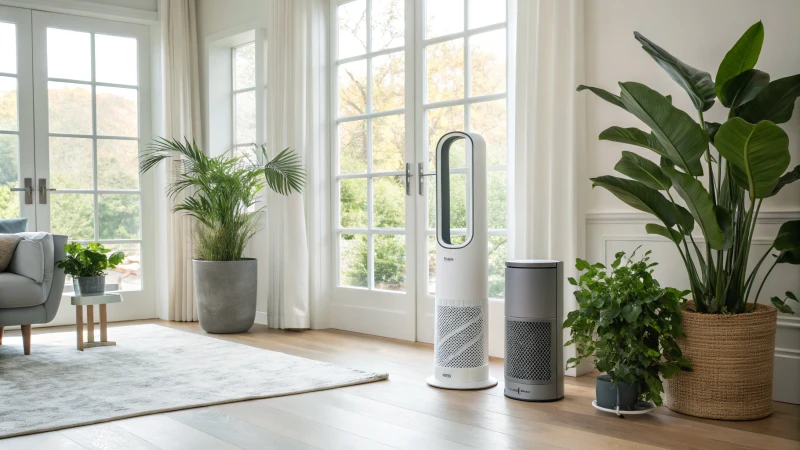 A bright modern living room with air purifiers and indoor plants