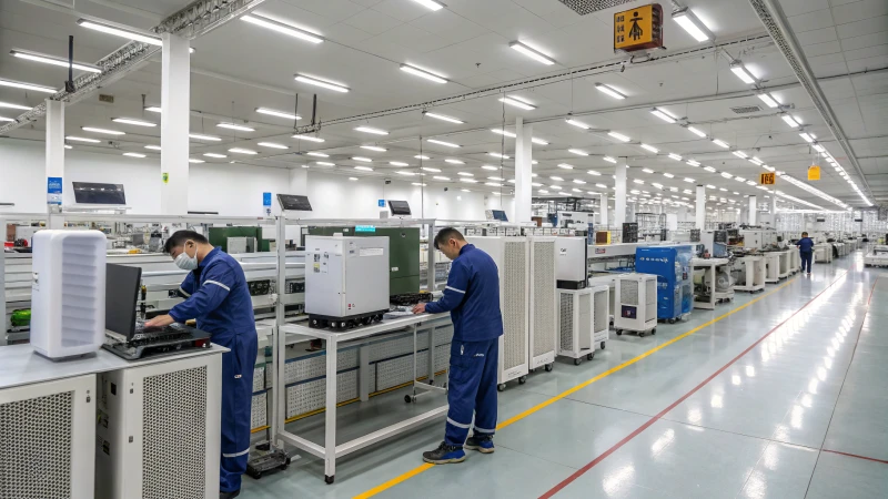 Workers assembling air purifiers in a high-tech manufacturing plant