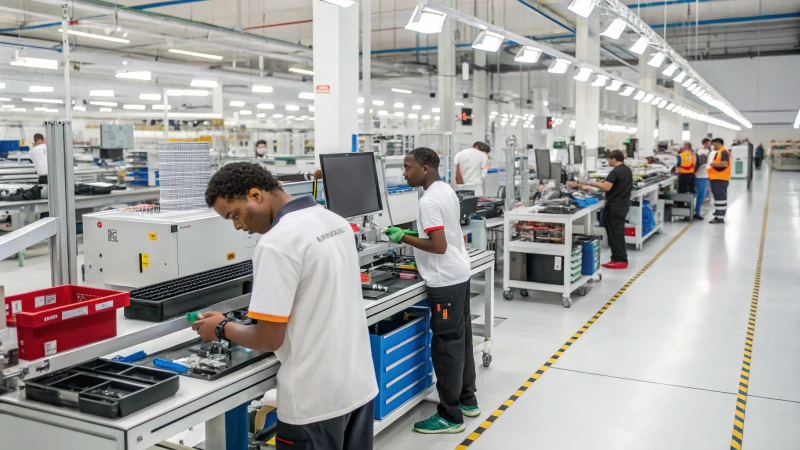 Diverse workers in a modern manufacturing facility assembly line