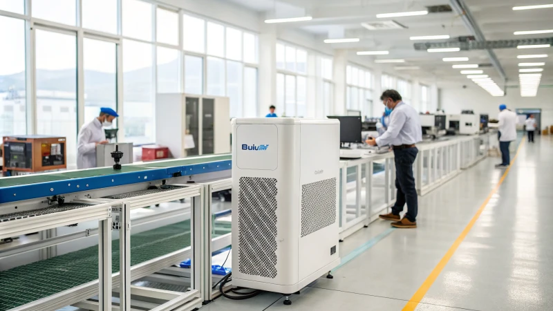 A modern manufacturing facility with a BlueAir air purifier on an assembly line.