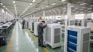 A modern manufacturing facility with workers inspecting air purifiers