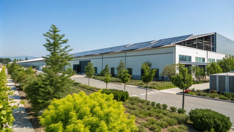 A modern factory with solar panels in a green environment