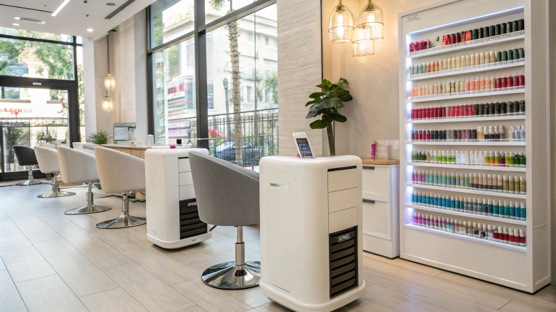 Interior of a modern nail salon with air purifiers