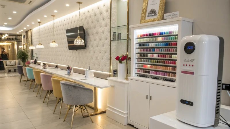 A modern nail salon with a wall-mounted air purifier and elegant decor.