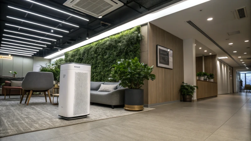 A modern office and cozy living room featuring air purifiers