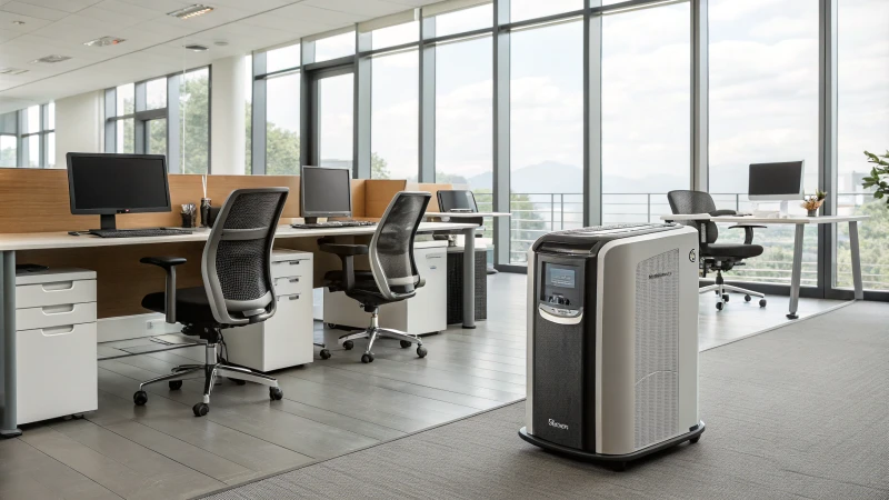 A modern office featuring Fellowes products, including a shredder and ergonomic furniture.