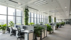 Bright modern office interior with large windows and plants