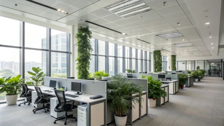 Interior de oficina moderno y luminoso con grandes ventanales y plantas