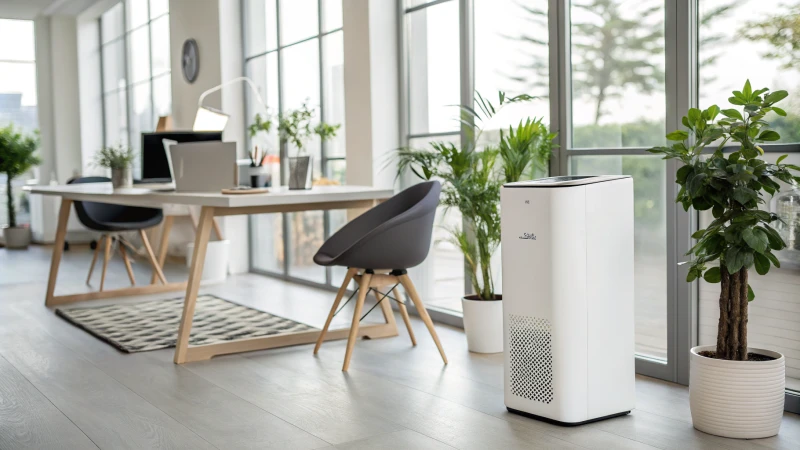 Modern office interior with a wall-mounted air purifier and stylish desk