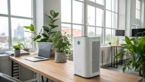 A modern office interior with air purifiers and plants