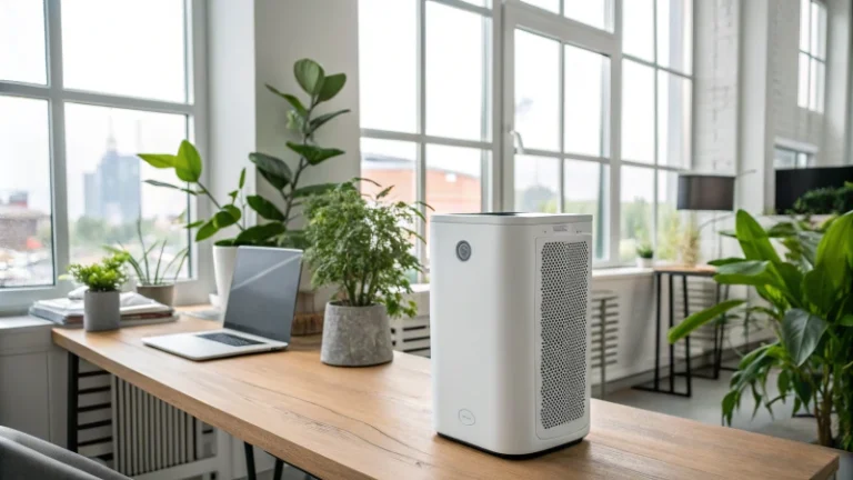 Un intérieur de bureau moderne avec des purificateurs d'air et des plantes