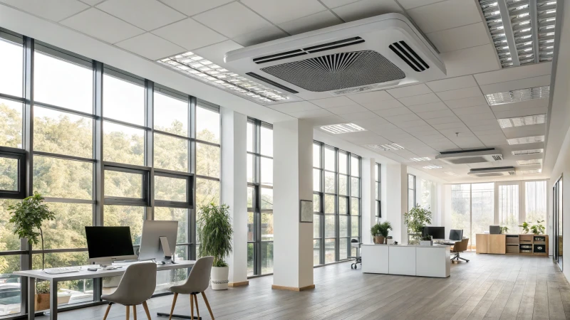 Modern office interior with a ceiling-mounted air purifier