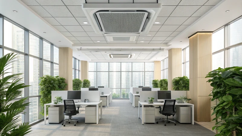 Modern office interior with air purifier and large windows