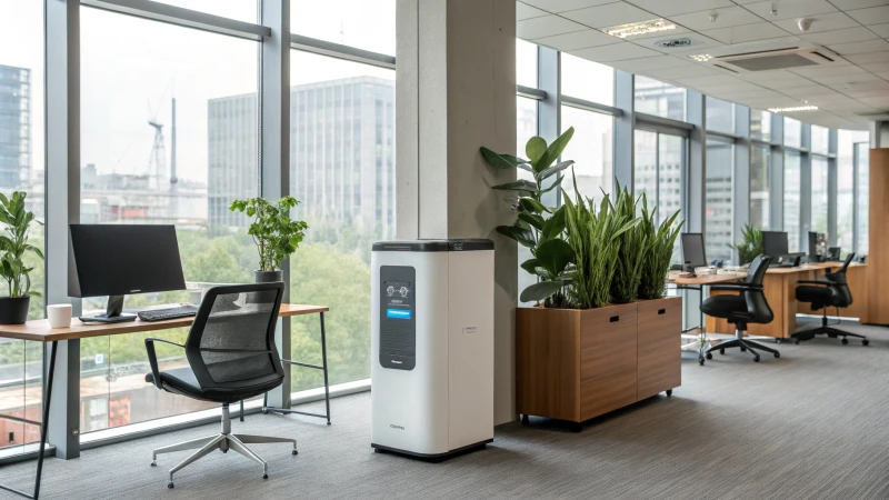 Modern office interior with air purifiers and natural light