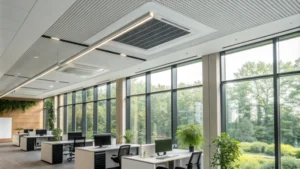 Bright modern office interior with ceiling-mounted air purifiers