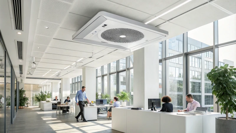 A modern office with a ceiling-mounted air purifier