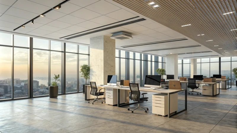 Modern office with large windows and air purifier