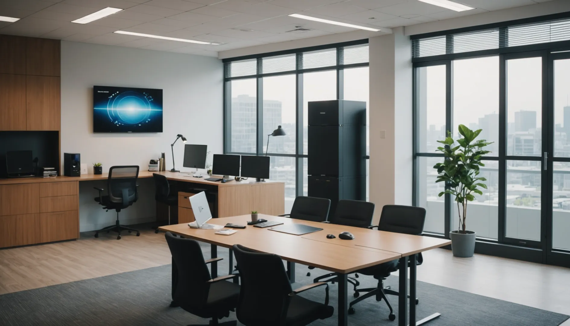 A modern office with a wall-mounted air purifier and sleek design.