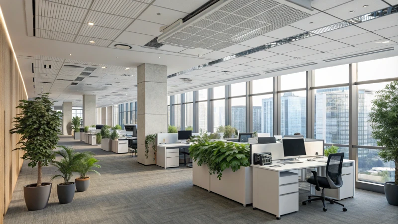 A modern office featuring a ceiling-mounted air purifier and large windows.