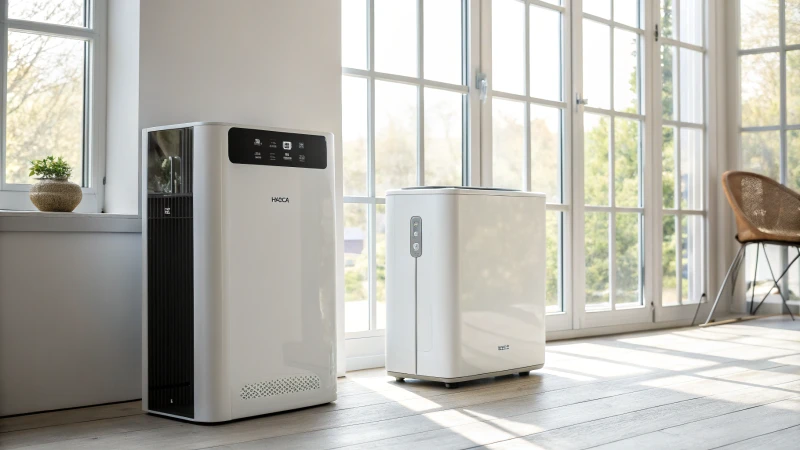 A bright room featuring two contrasting air purifiers