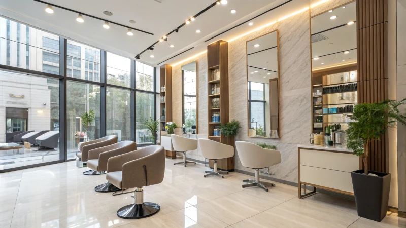 Interior of a modern salon with elegant design and air purifiers