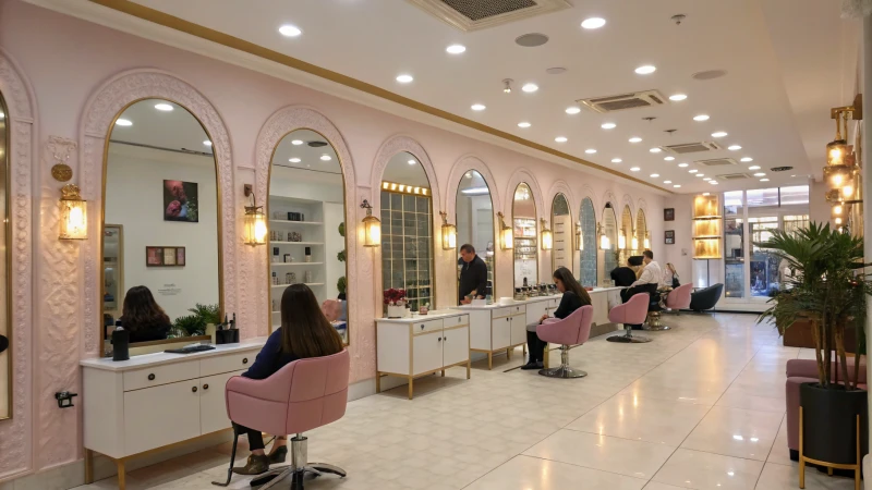 Interior of a modern salon with elegant furniture and wall-mounted units