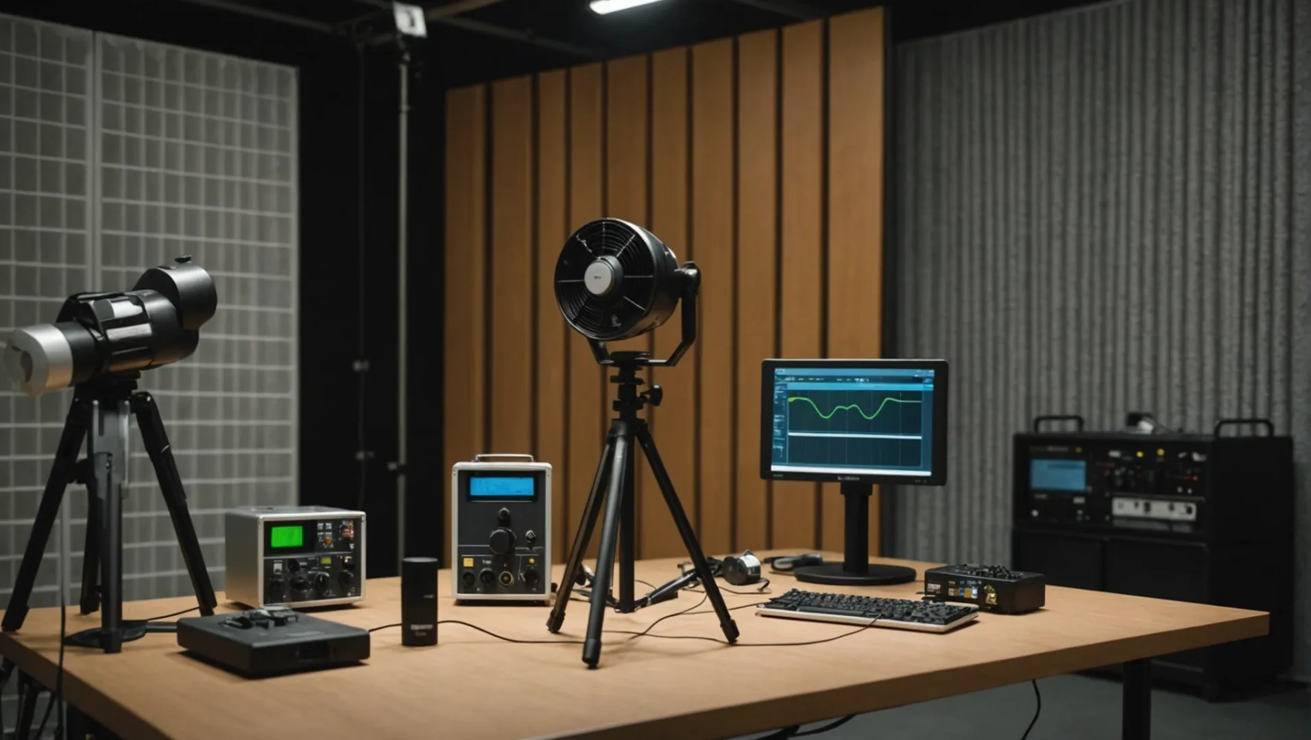 Noise testing equipment setup including sound level meter, noise dosimeter, and anechoic chamber.