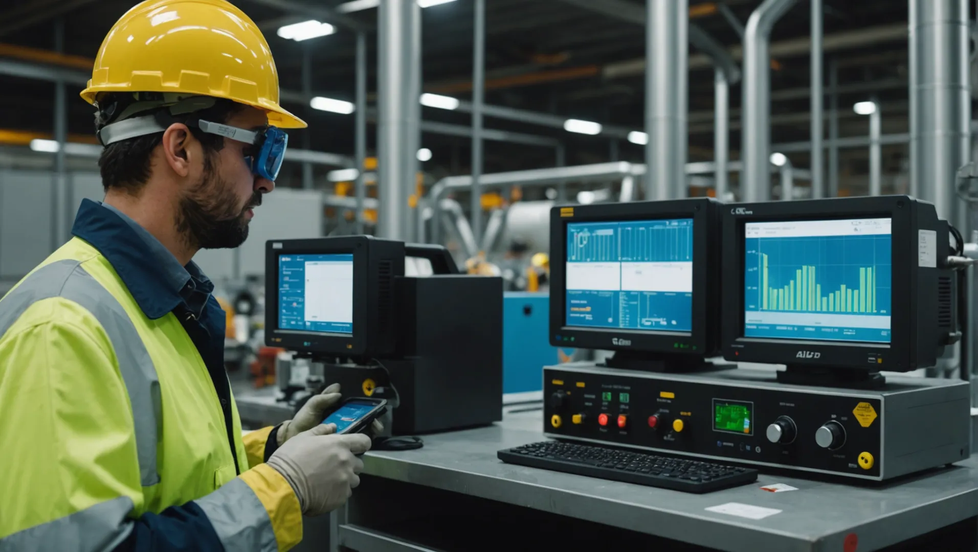 Image of a factory worker inspecting air quality monitoring equipment in an industrial setting.