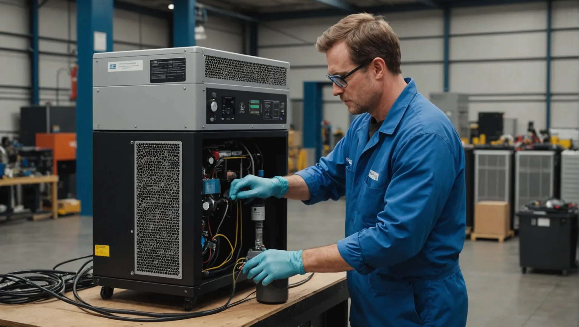 Technician performing maintenance on a commercial air purifier