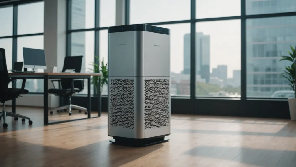 A modern air purifier in a commercial office setting meeting OSHA standards