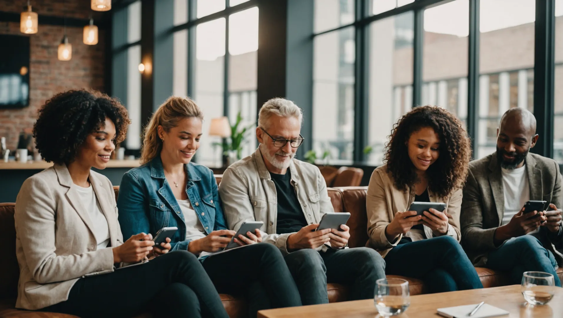 A group of diverse people reading online reviews on tablets and phones.