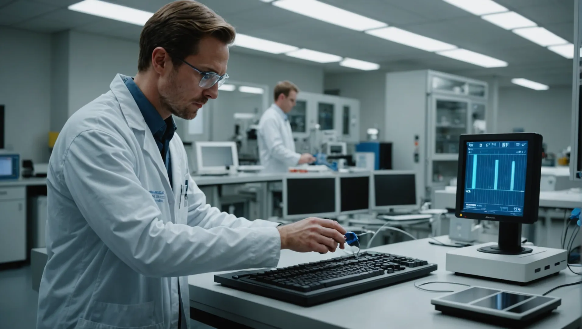 A technician conducting performance tests on an air purifier in a lab setting.