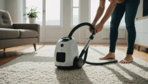 Person cleaning air purifier filter with vacuum in a modern living room