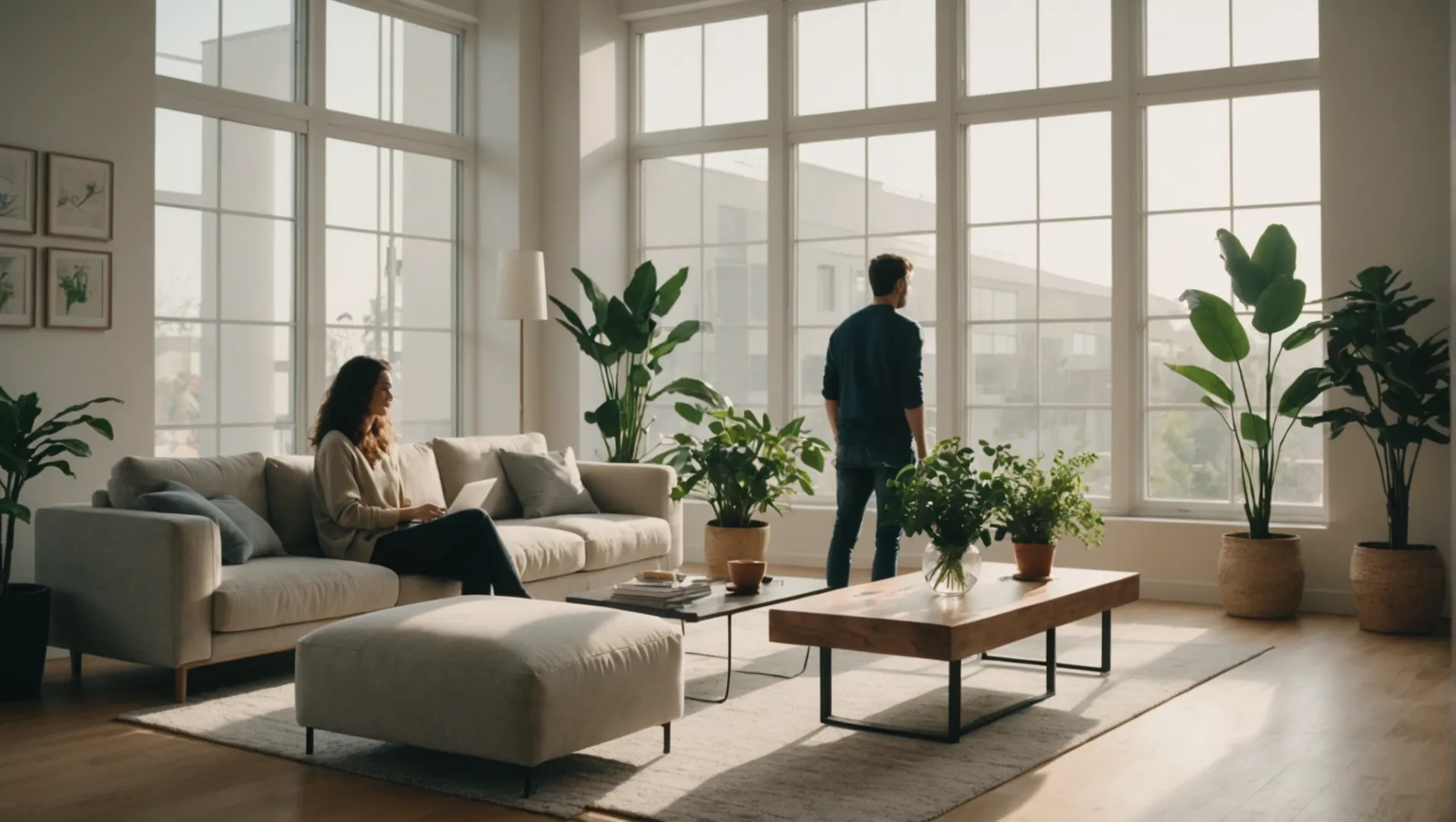 People using air purifiers in a modern living room setting