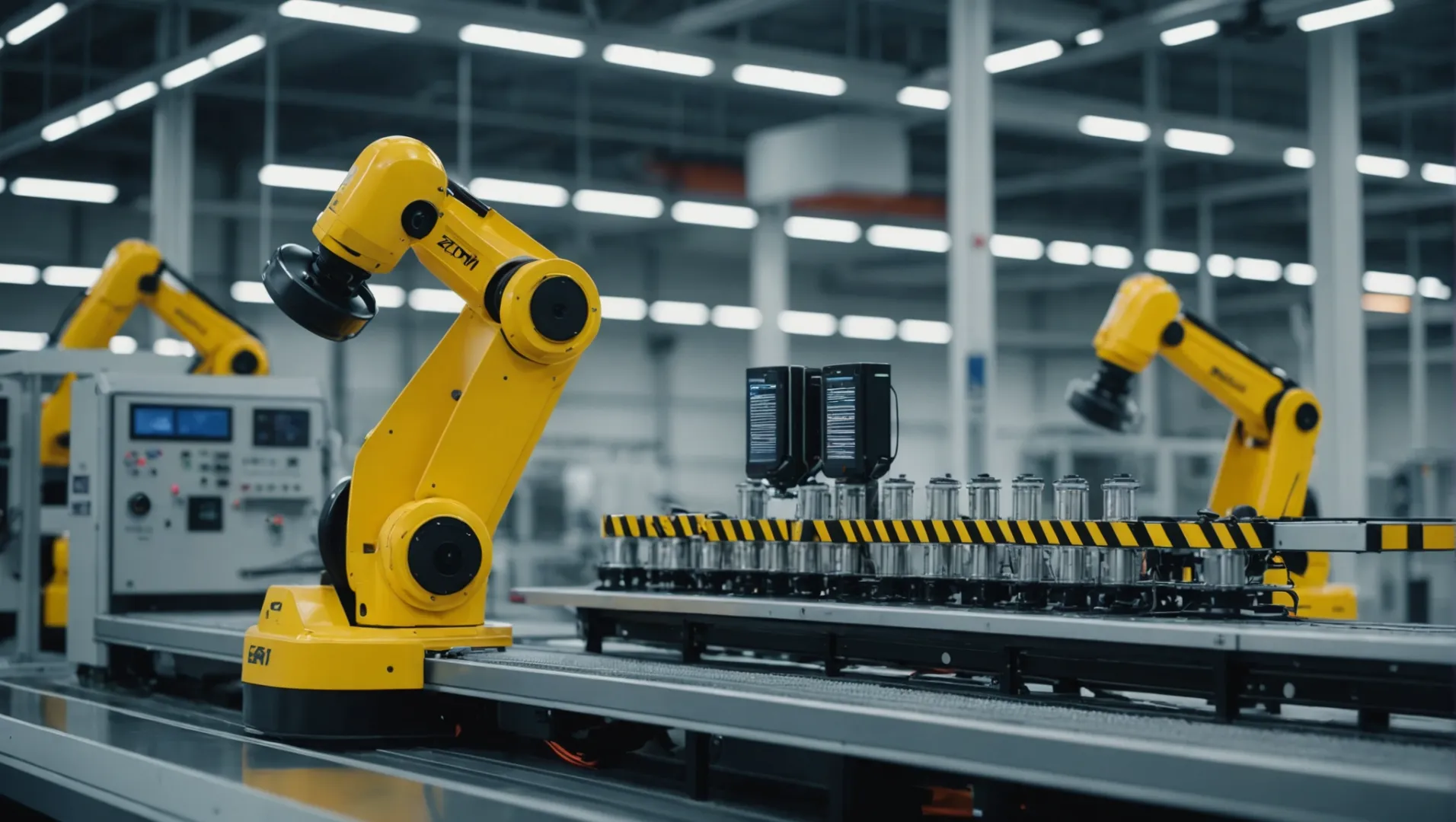 A modern factory interior with air purifiers and robotic arms