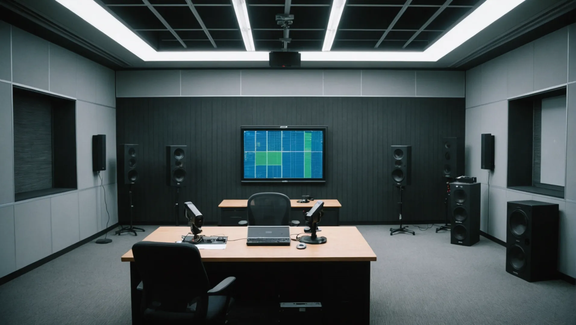 Interior of a professional noise testing room with an air purifier in the center