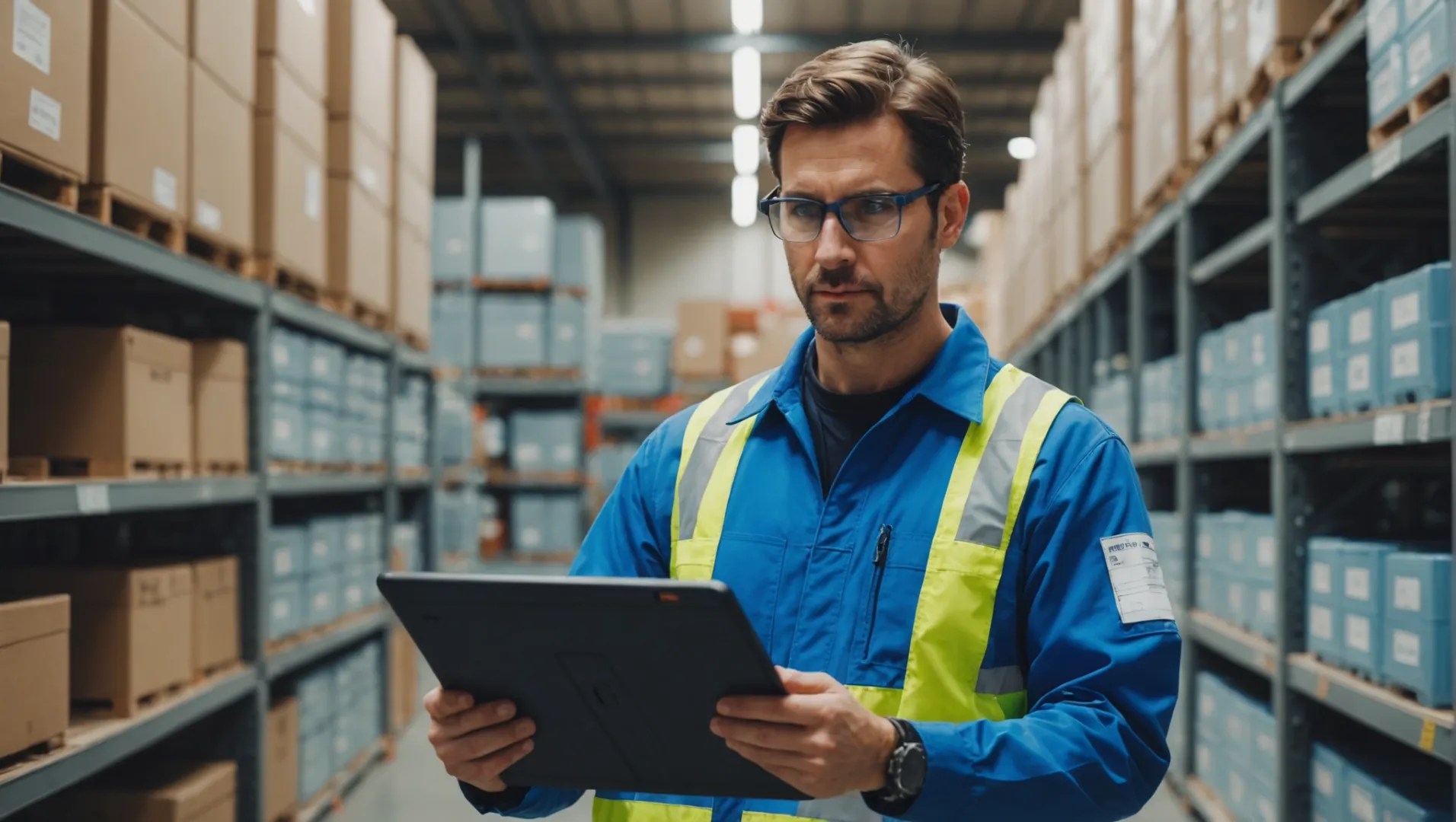 A quality inspector evaluating electronic devices in a warehouse.