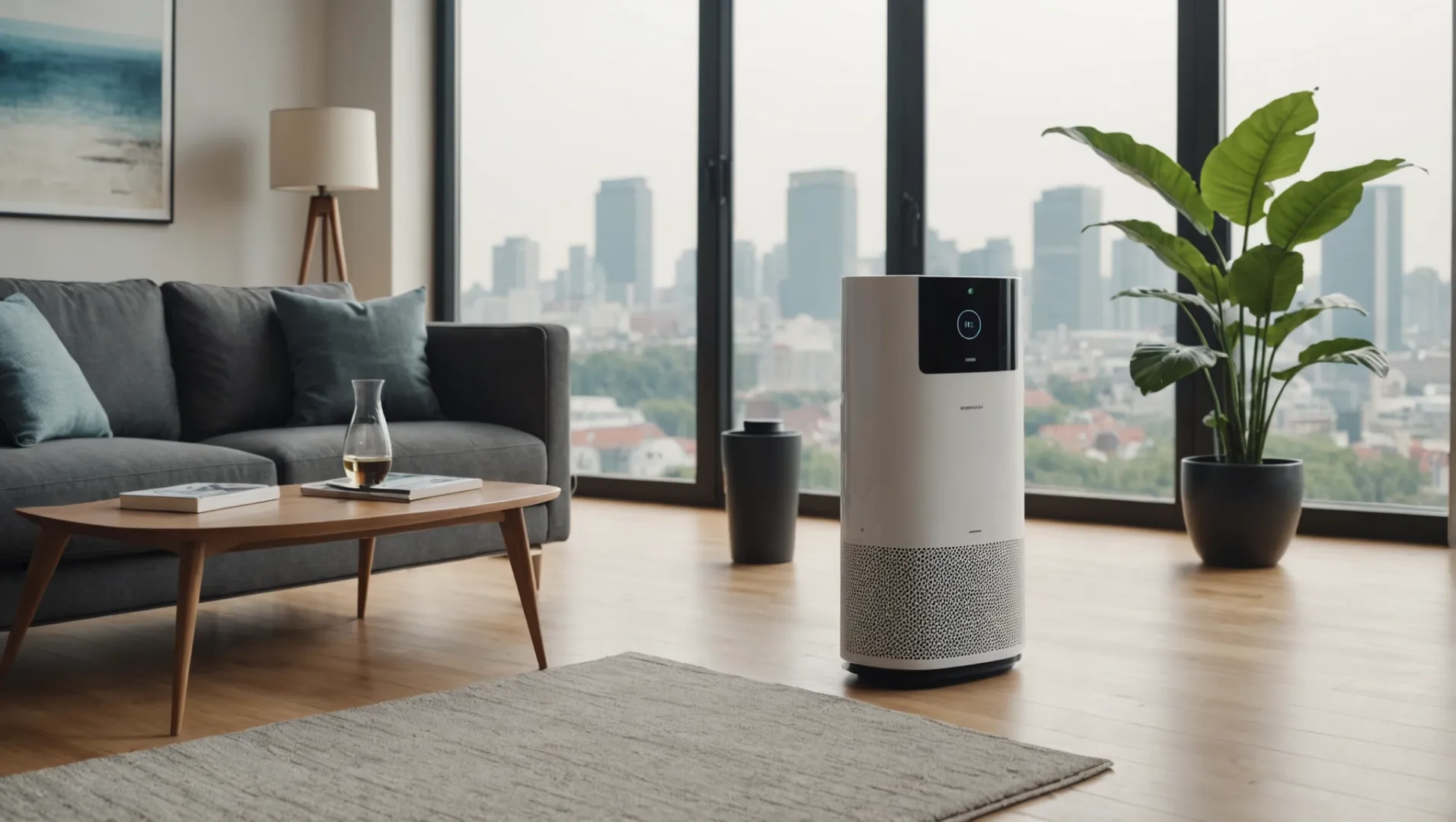 Air purifier with real-time monitoring display showing air quality levels in a modern living room.