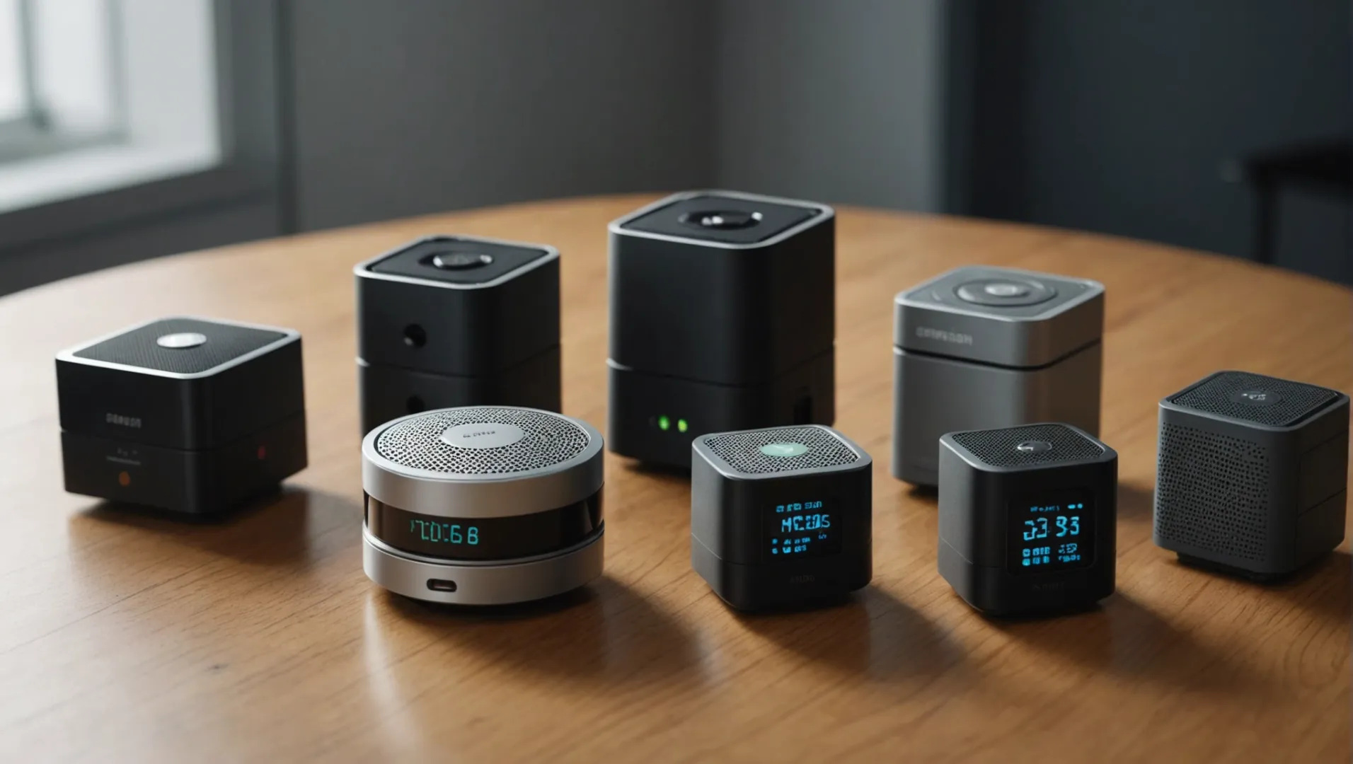 A close-up of various air quality sensors from different brands on a wooden table.