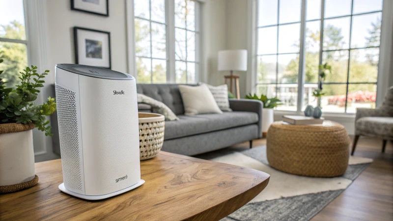 A modern Shark air purifier on a wooden table in a stylish living room