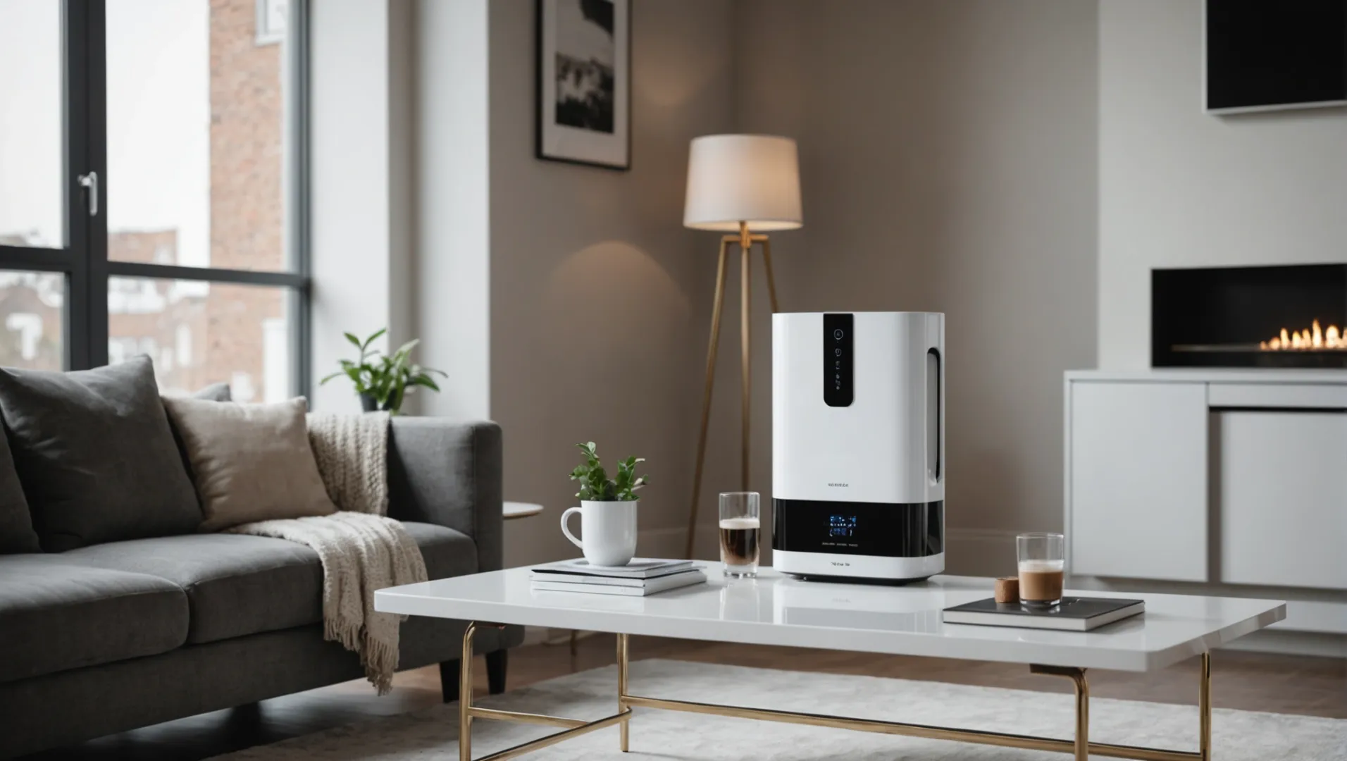 A sleek and modern air purifier in a stylish living room setting