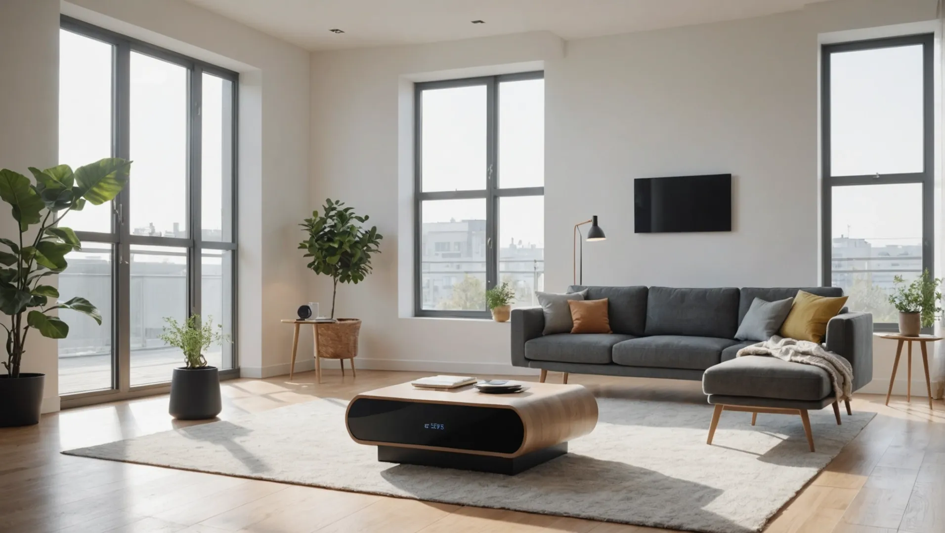 Smart air purifier in a modern living room with digital interface display