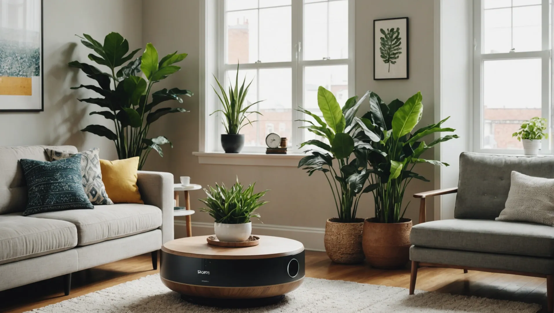 A modern air purifier with IoT and AI integration in a living room setting